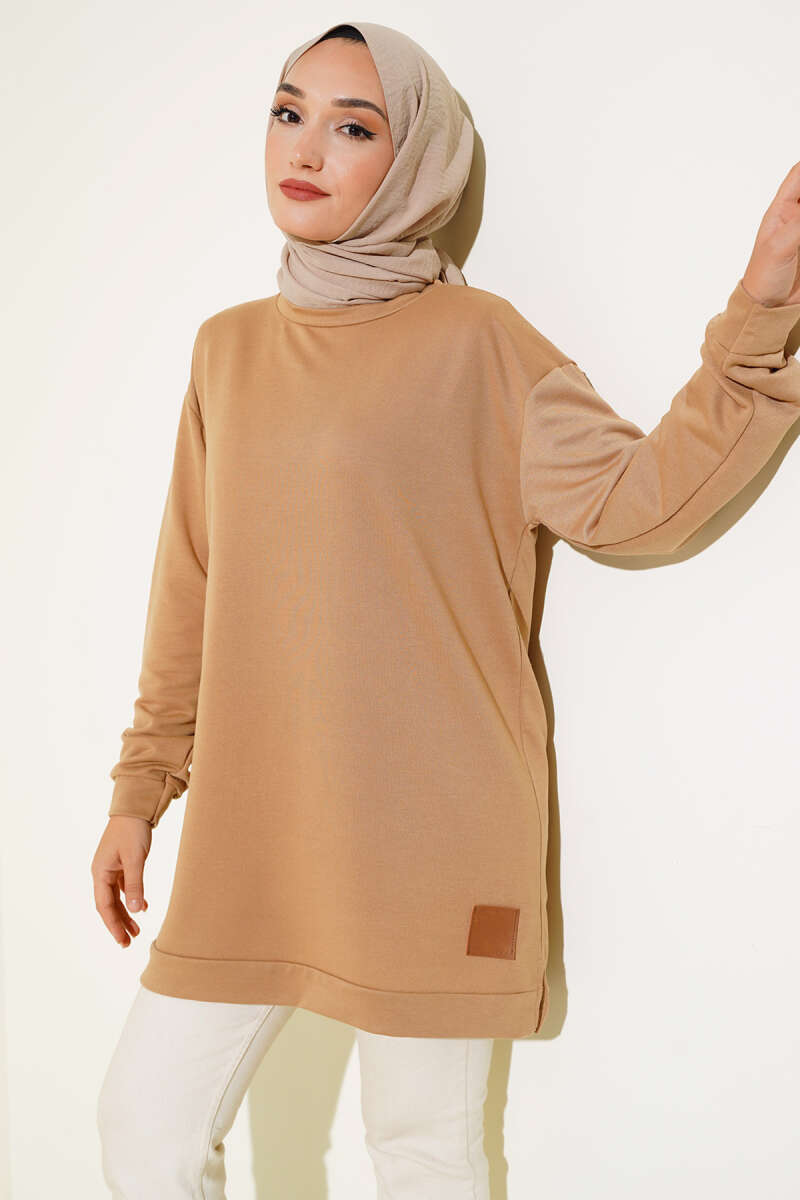 Lettering Print Tunic with Badge - Camel
