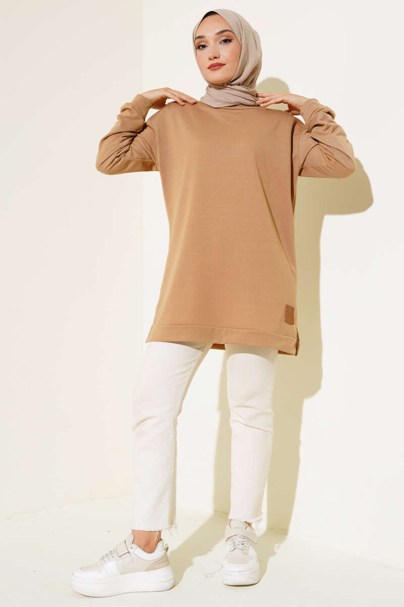 Lettering Print Tunic with Badge - Camel