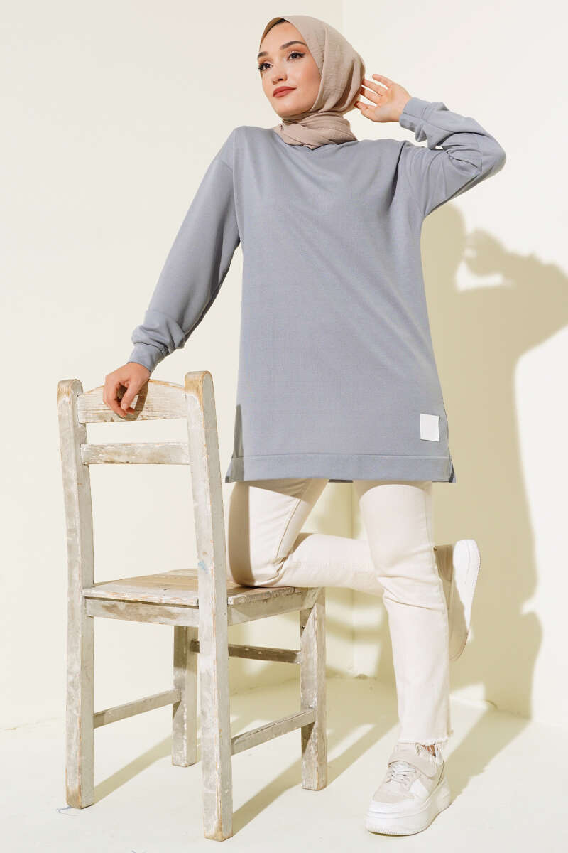 Lettering Print Tunic with Badge - Grey