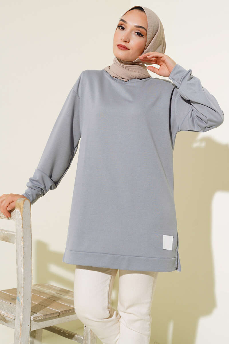 Lettering Print Tunic with Badge - Grey