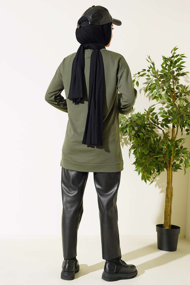 Lettering Print Tunic with Badge - Khaki