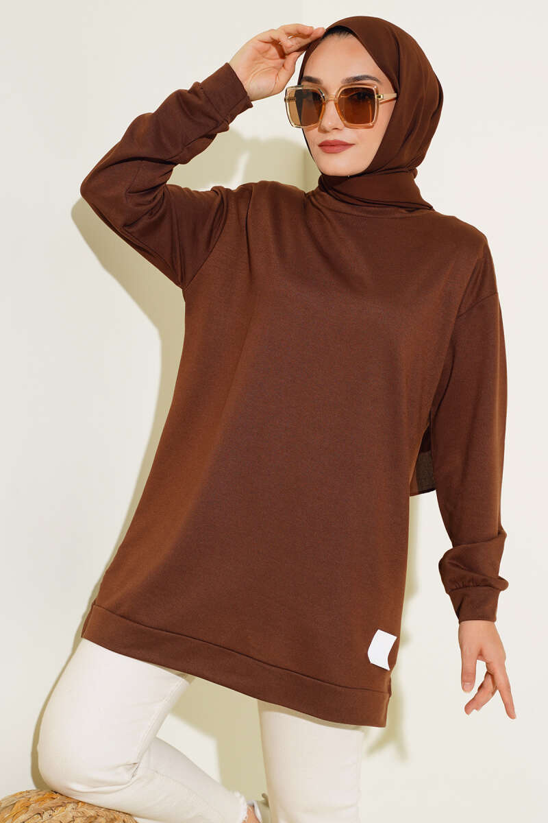Lettering Print Tunic with Badge - Brown