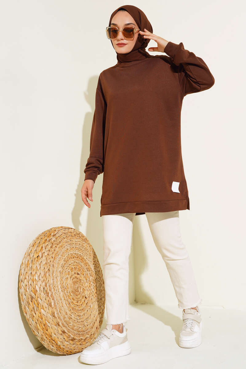 Lettering Print Tunic with Badge - Brown