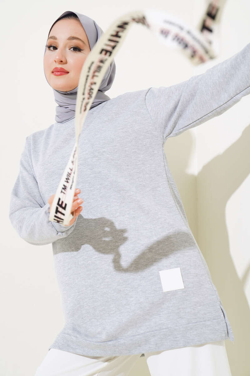Lettering Print Tunic with Badge - Heather Grey