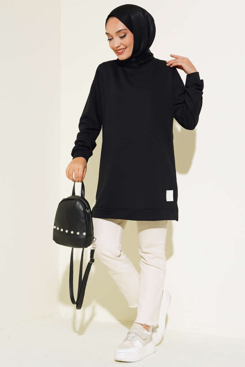Lettering Print Tunic with Badge - Black