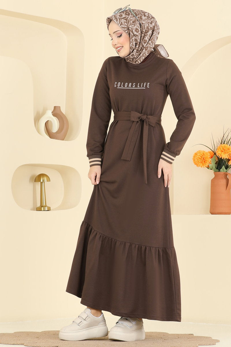 Two-Thread Dress with Lettering Print - Light Brown