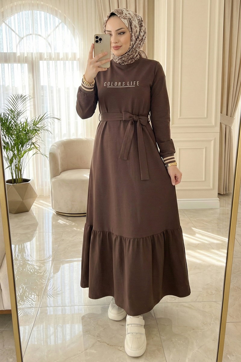 Two-Thread Dress with Lettering Print - Light Brown