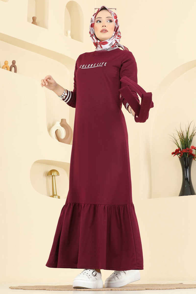 Two-Thread Dress with Lettering Print - Burgundy