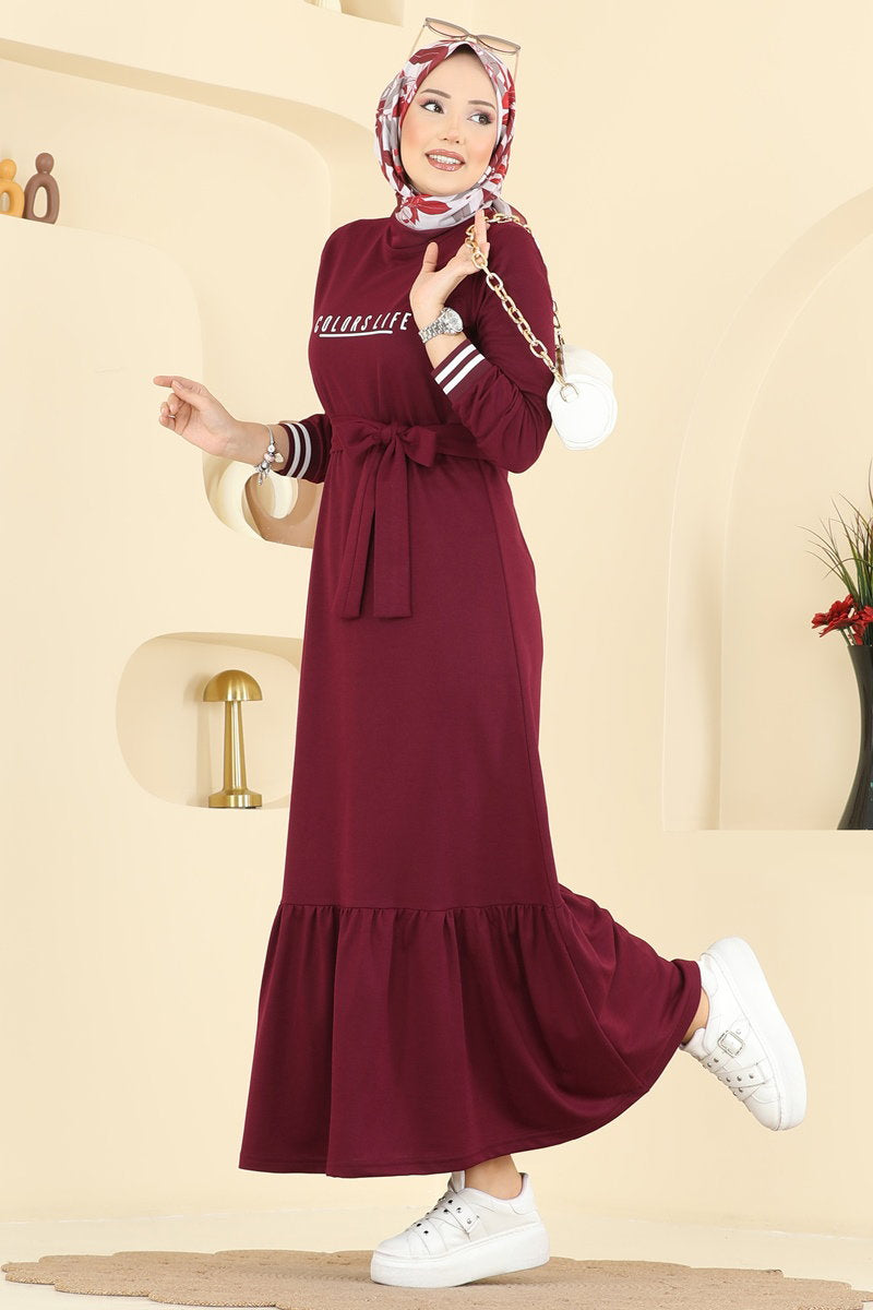 Two-Thread Dress with Lettering Print - Burgundy