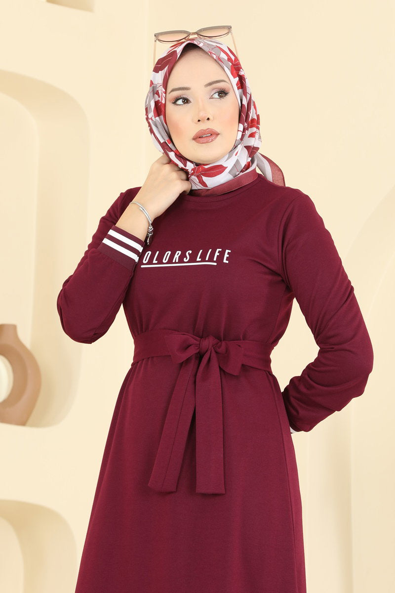 Two-Thread Dress with Lettering Print - Burgundy