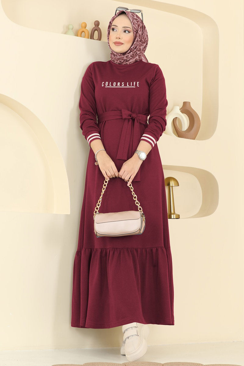 Two-Thread Dress with Lettering Print - Burgundy
