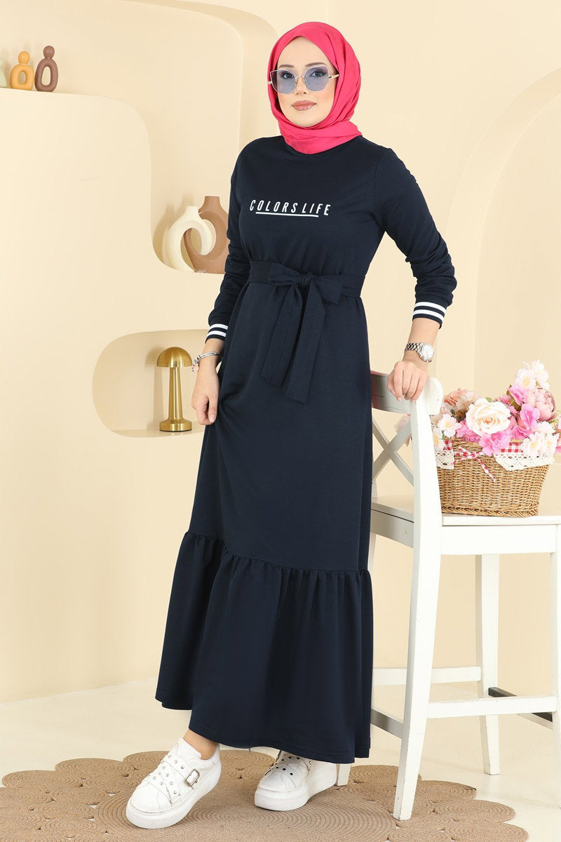 Two-Thread Dress with Lettering Print - Navy