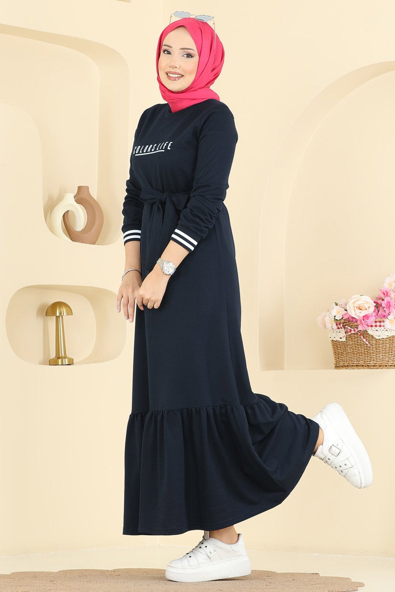 Two-Thread Dress with Lettering Print - Navy