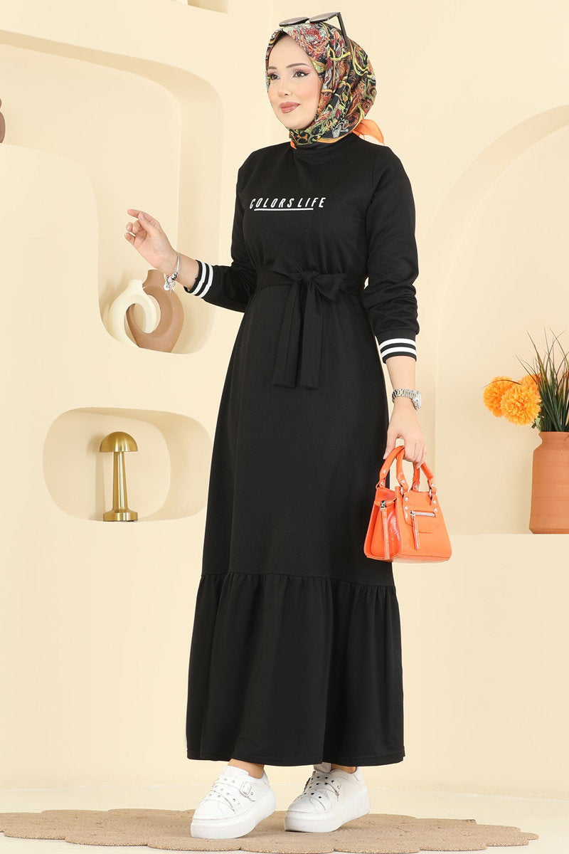 Two-Thread Dress with Lettering Print - Black