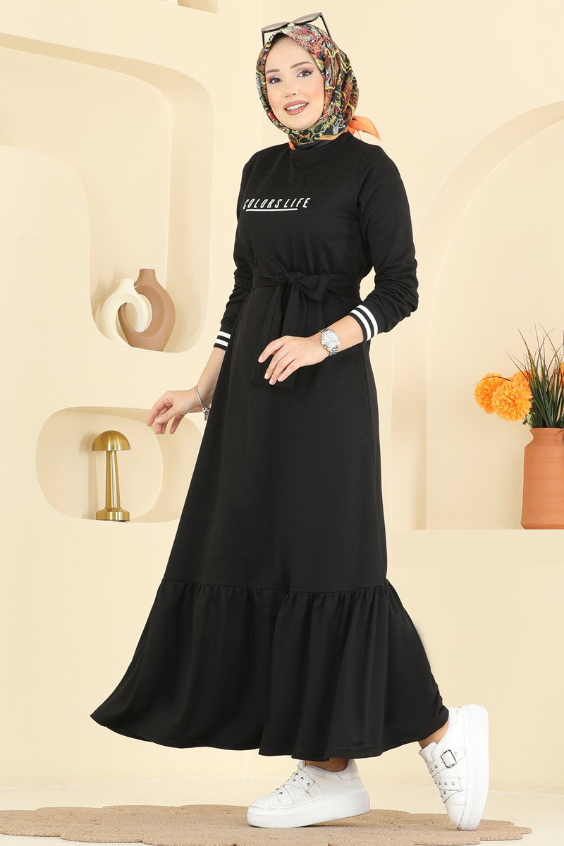 Two-Thread Dress with Lettering Print - Black
