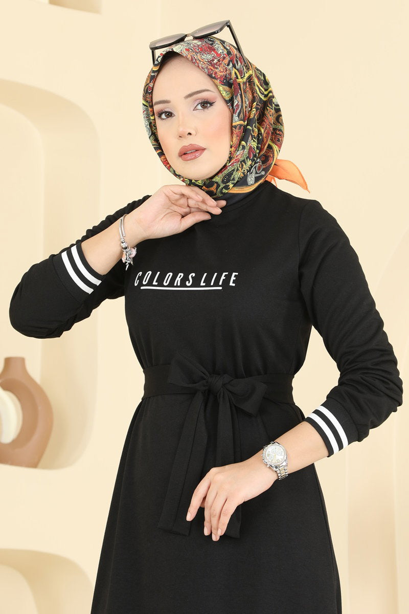 Two-Thread Dress with Lettering Print - Black