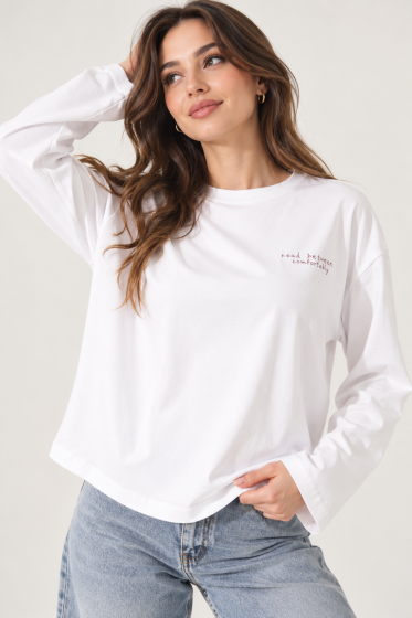 Wide-Sleeve Blouse with Lettering Embroidery - Ecru