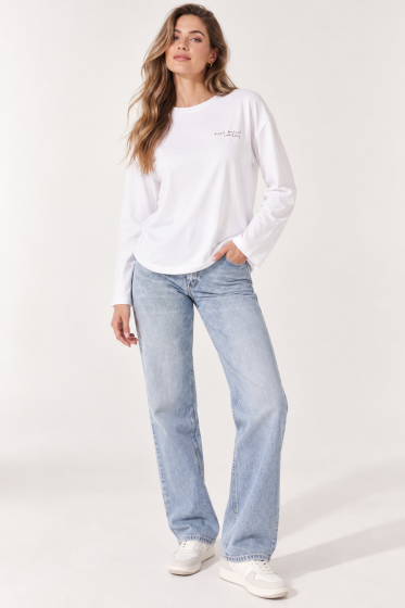 Wide-Sleeve Blouse with Lettering Embroidery - Ecru