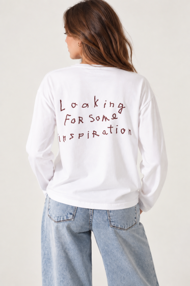 Wide-Sleeve Blouse with Lettering Embroidery - Ecru