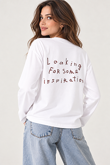 Wide-Sleeve Blouse with Lettering Embroidery - Ecru