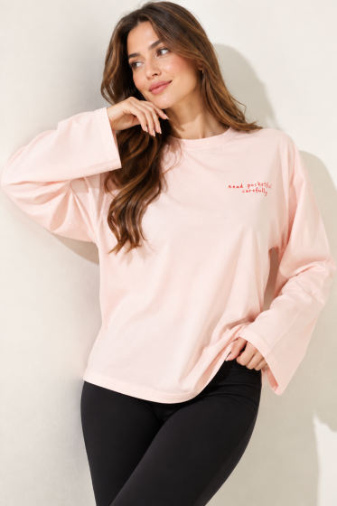 Wide-Sleeve Blouse with Lettering Embroidery - Powder