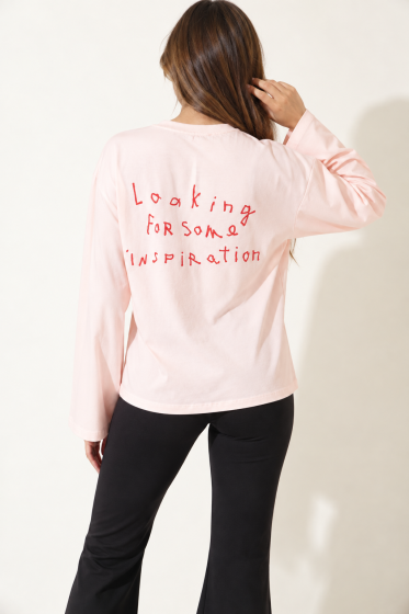 Wide-Sleeve Blouse with Lettering Embroidery - Powder