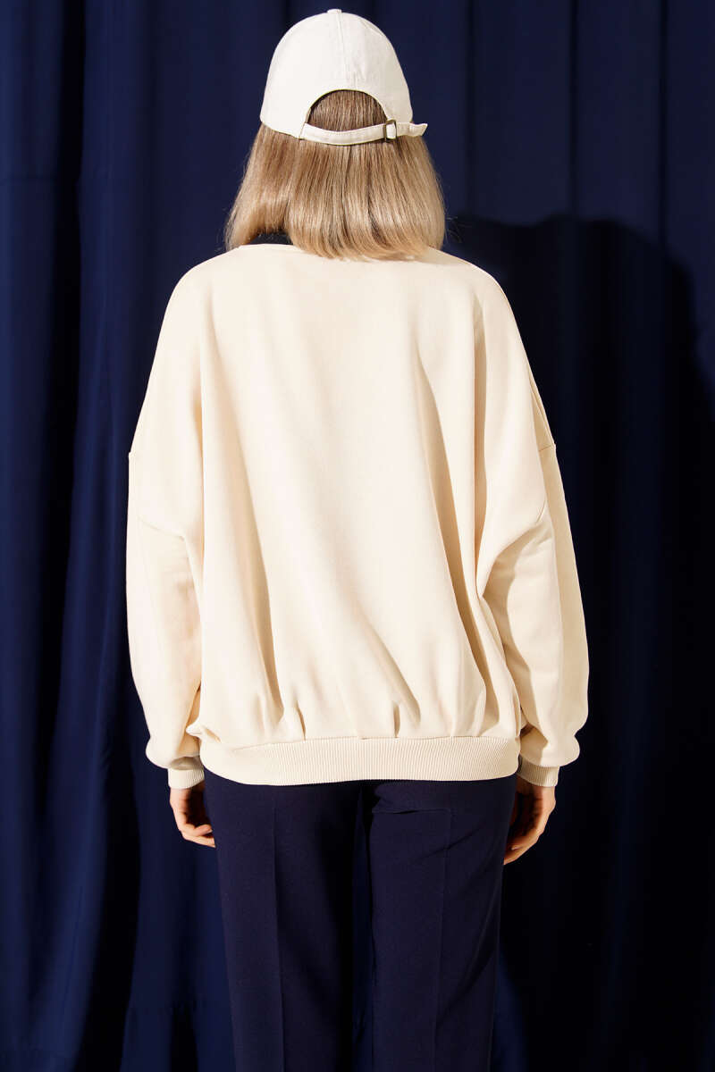 Oversized Lettering Embroidered Sweatshirt - Beige