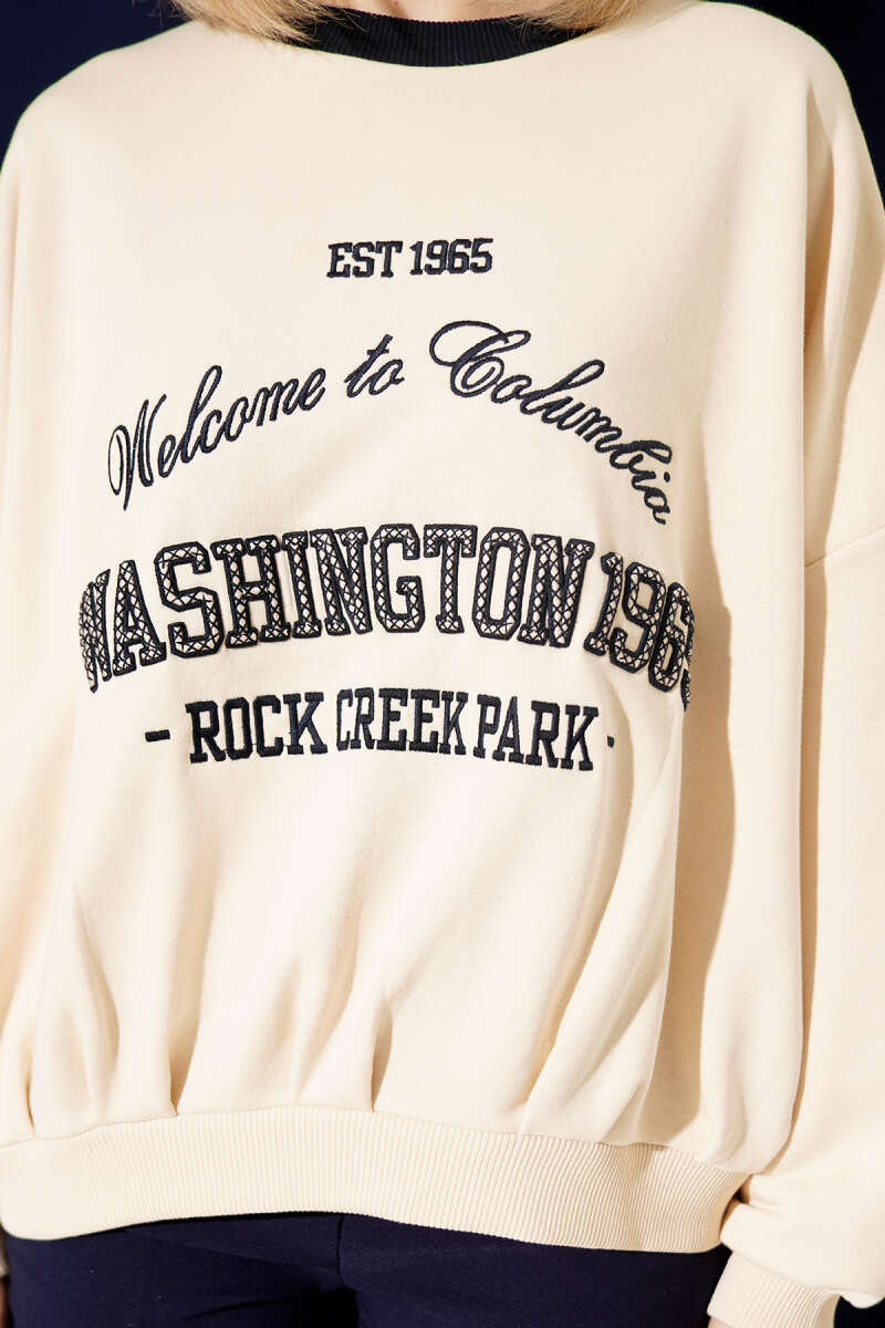 Oversized Lettering Embroidered Sweatshirt - Beige