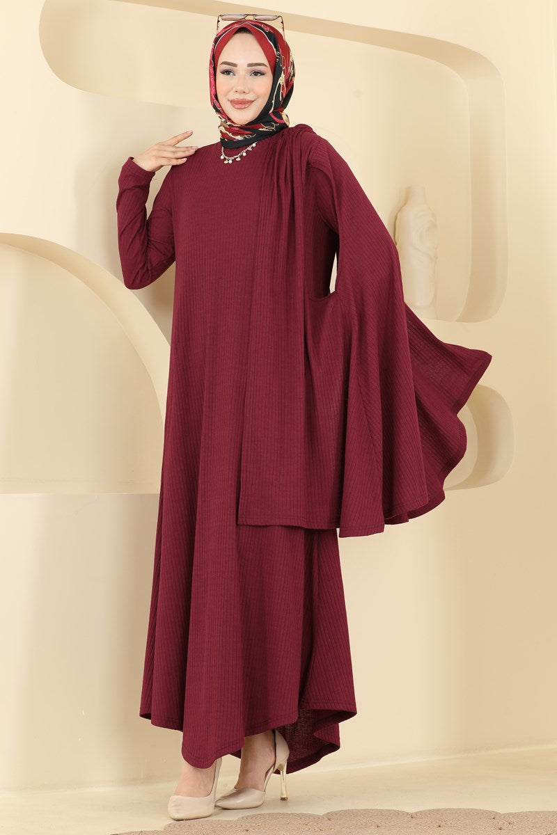 Two-Piece Rib Knit Dress with Vest - Burgundy