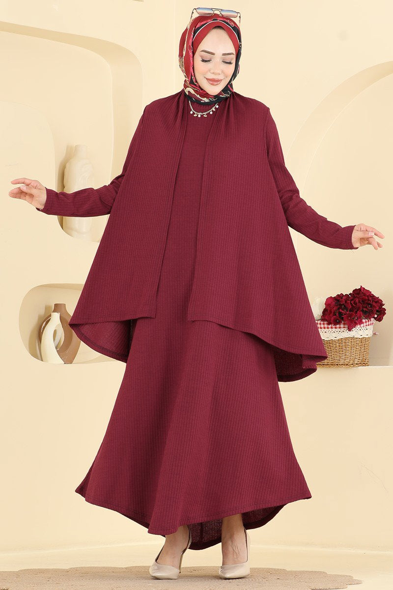 Two-Piece Rib Knit Dress with Vest - Burgundy