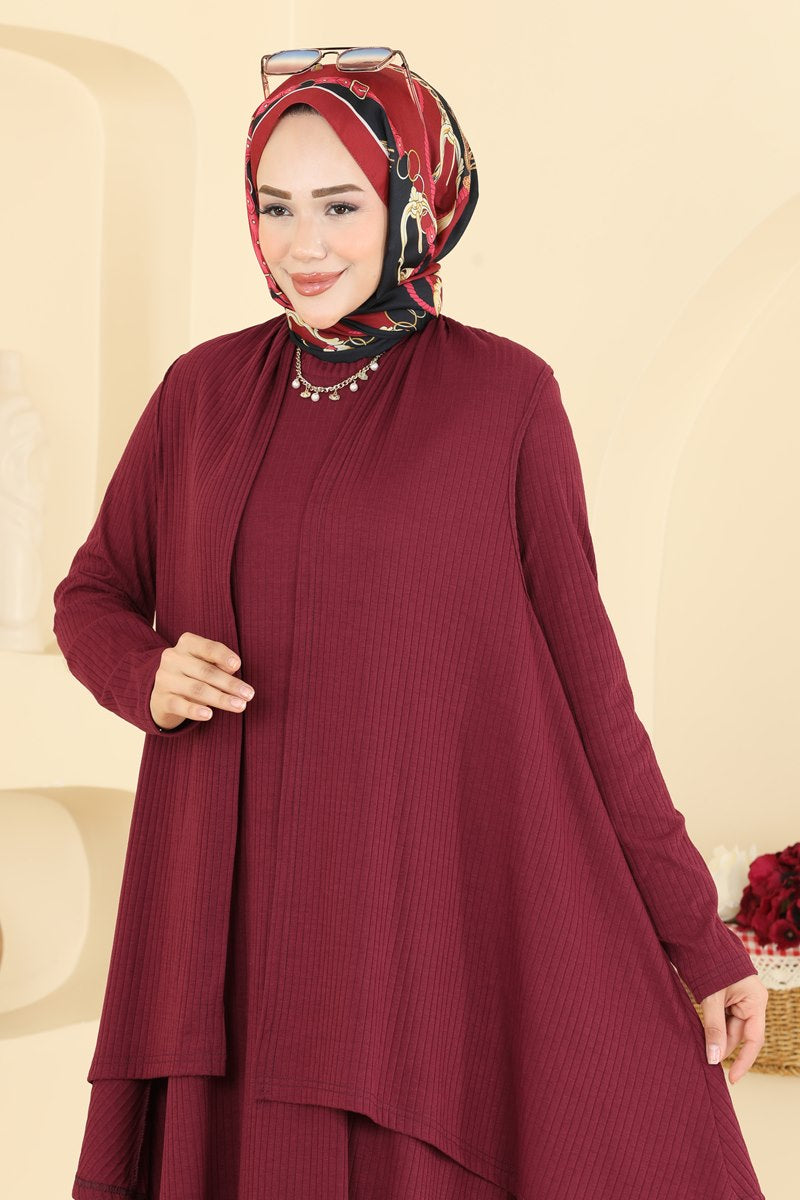 Two-Piece Rib Knit Dress with Vest - Burgundy