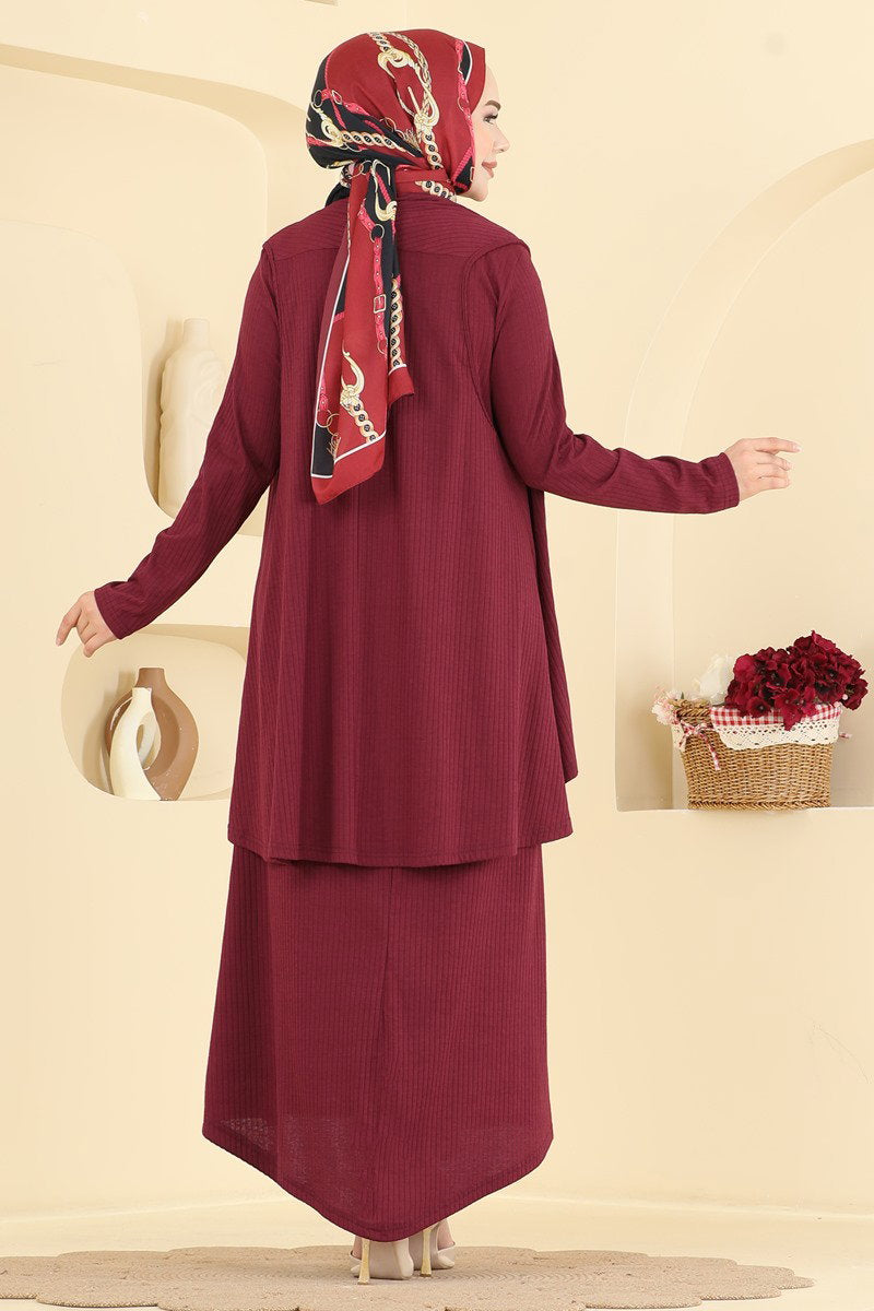 Two-Piece Rib Knit Dress with Vest - Burgundy