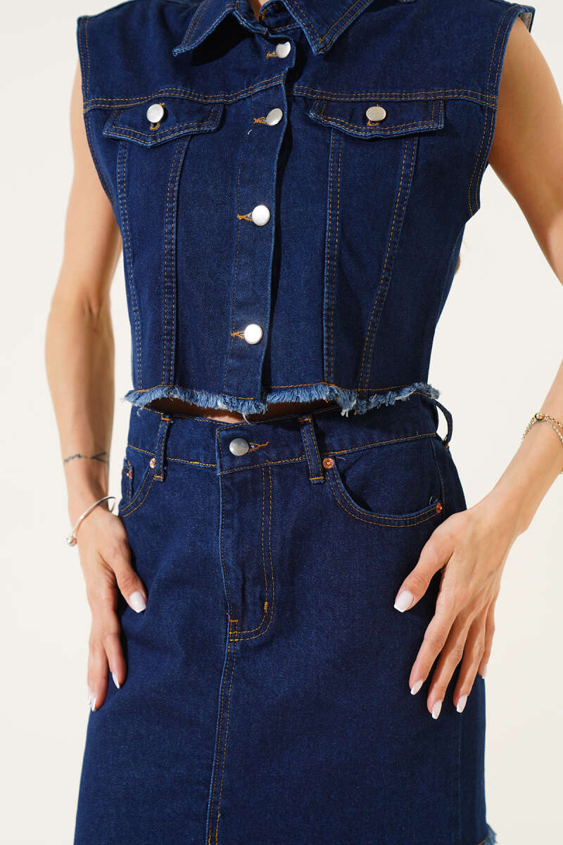 Vest and Skirt Set with Elastic Waist - Dark Blue
