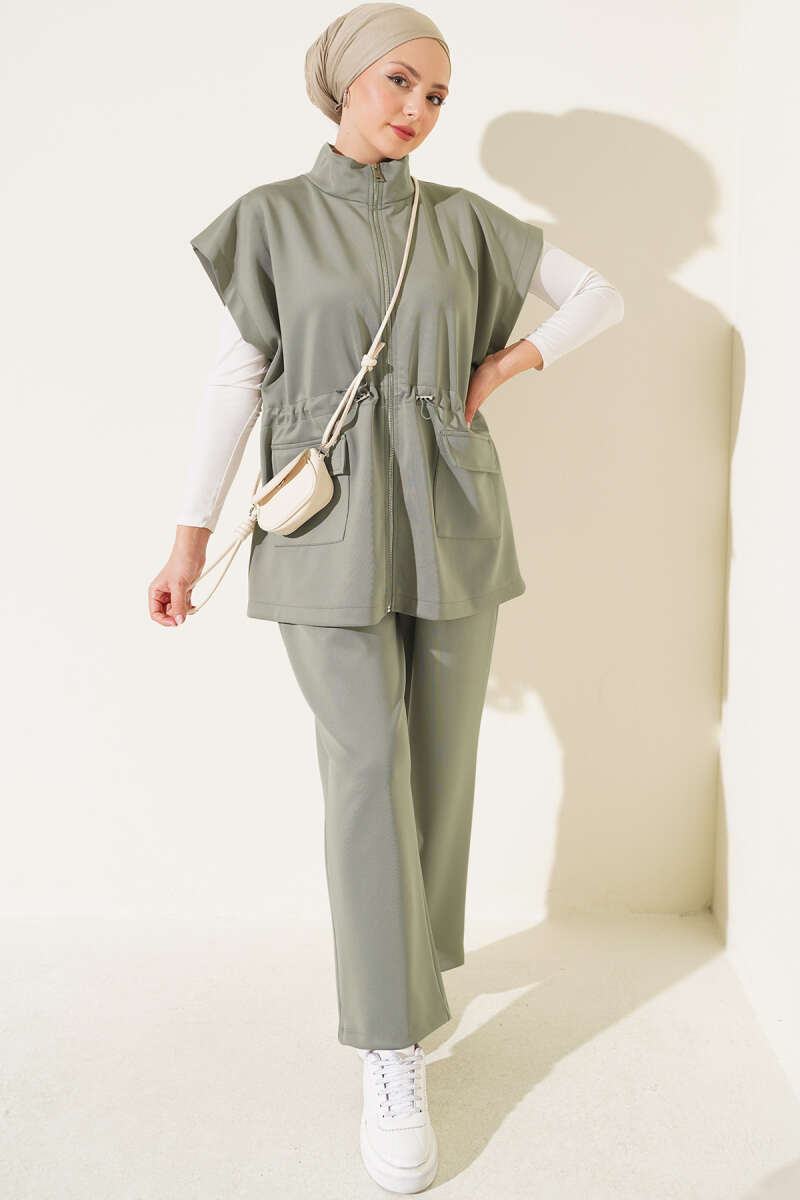 Scuba Set with Vest and Drawstring Waist - Khaki