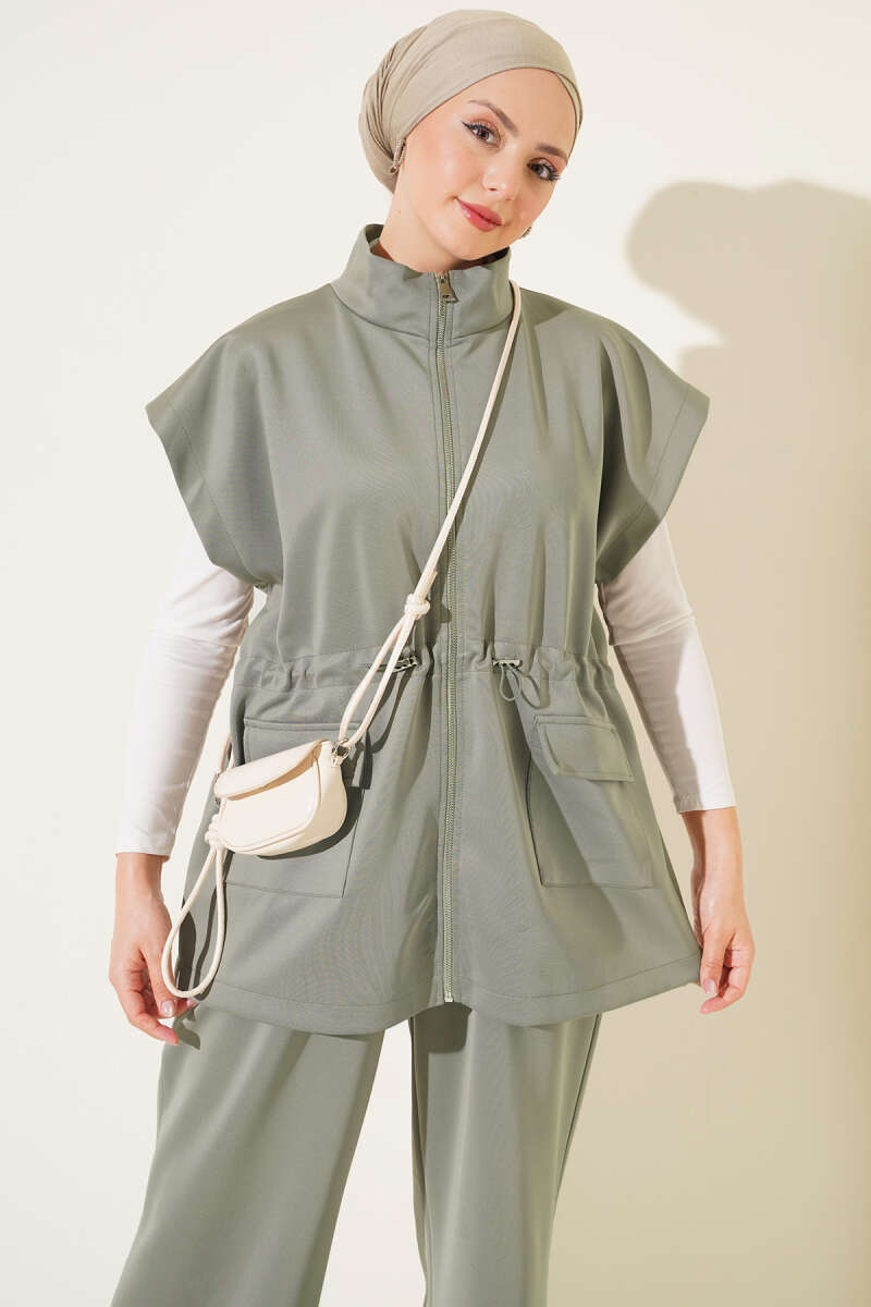 Scuba Set with Vest and Drawstring Waist - Khaki