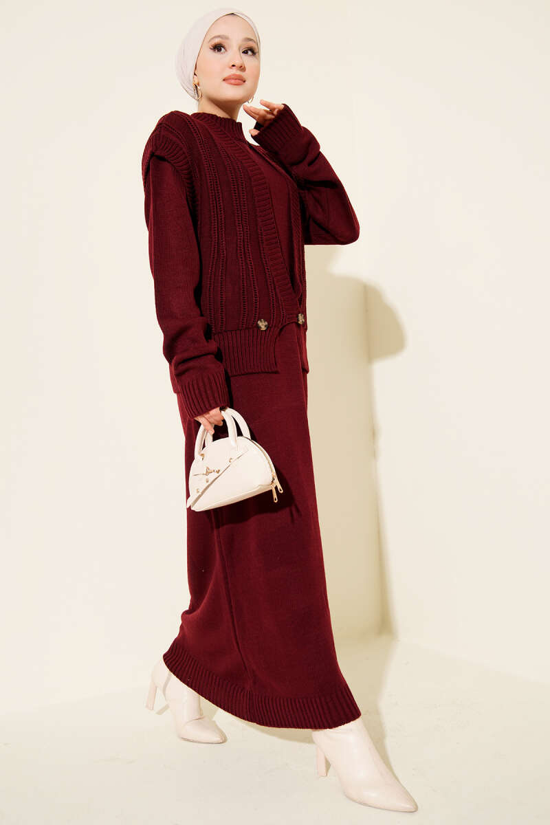 Knit Dress and Vest Two-Piece Set - Burgundy