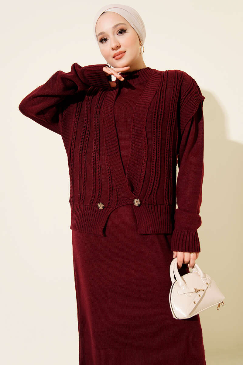 Knit Dress and Vest Two-Piece Set - Burgundy