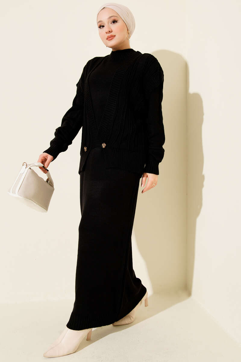 Knit Dress and Vest Two-Piece Set - Black