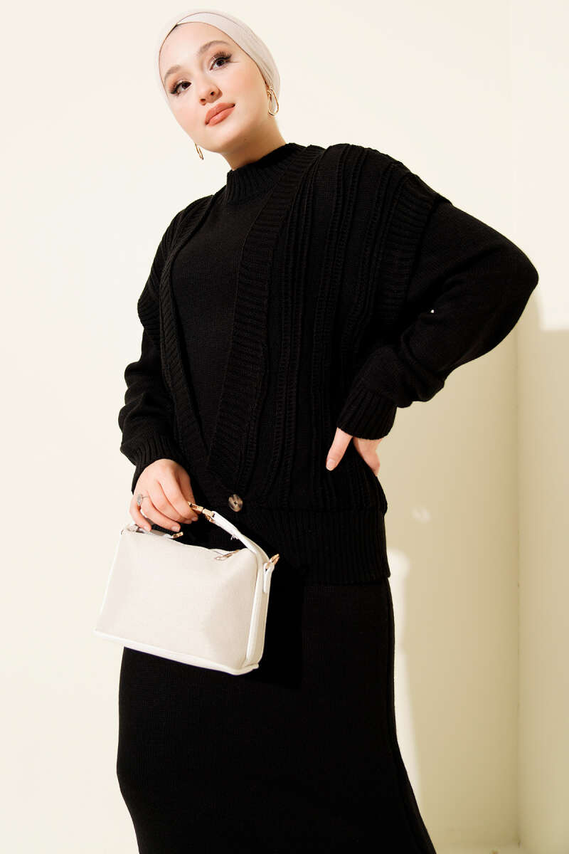 Knit Dress and Vest Two-Piece Set - Black