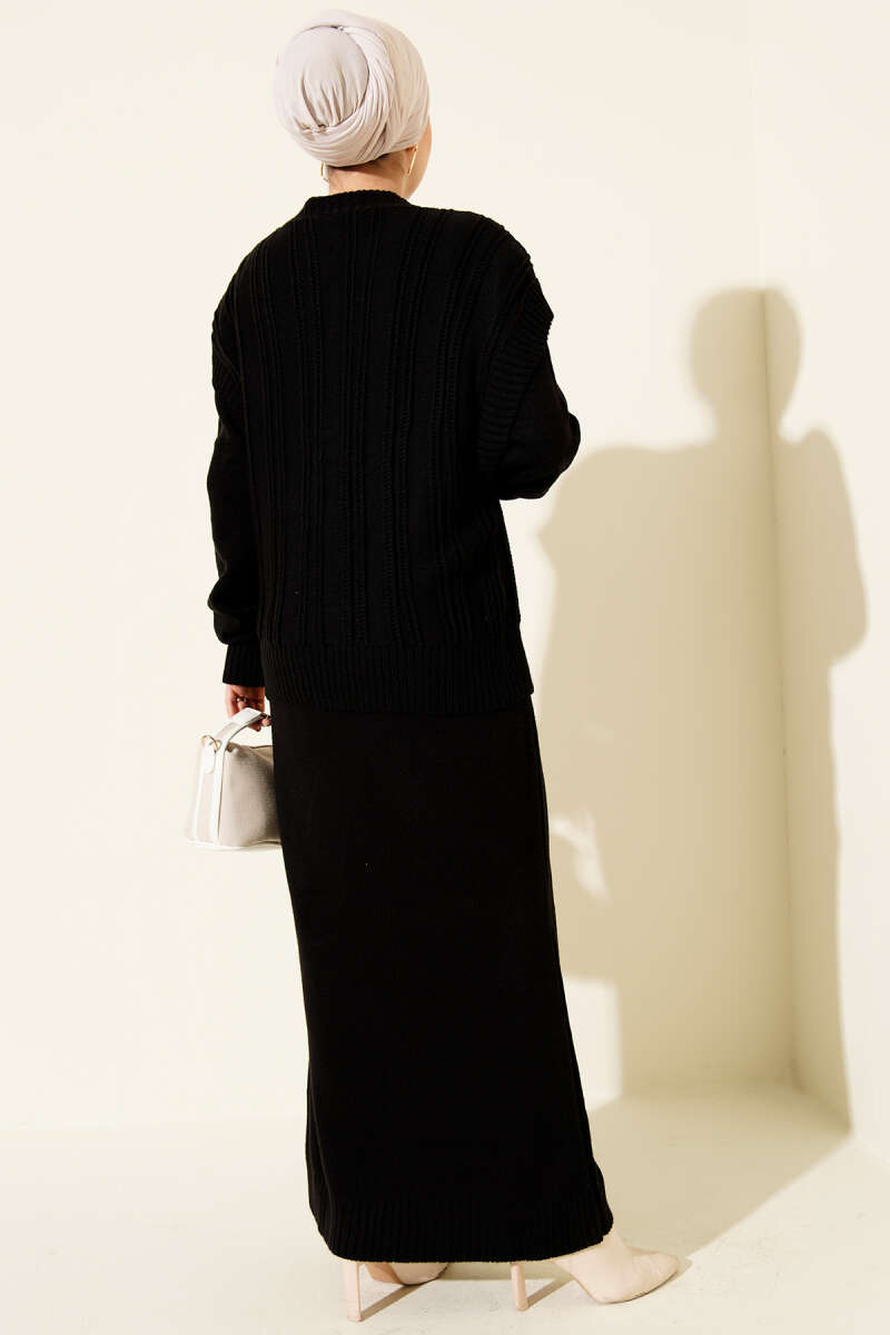 Knit Dress and Vest Two-Piece Set - Black