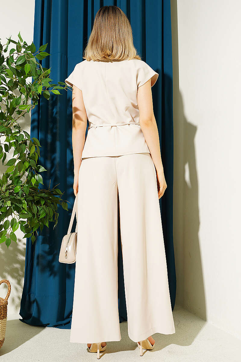 Vest Two-Piece Set with Tie Belt - Beige