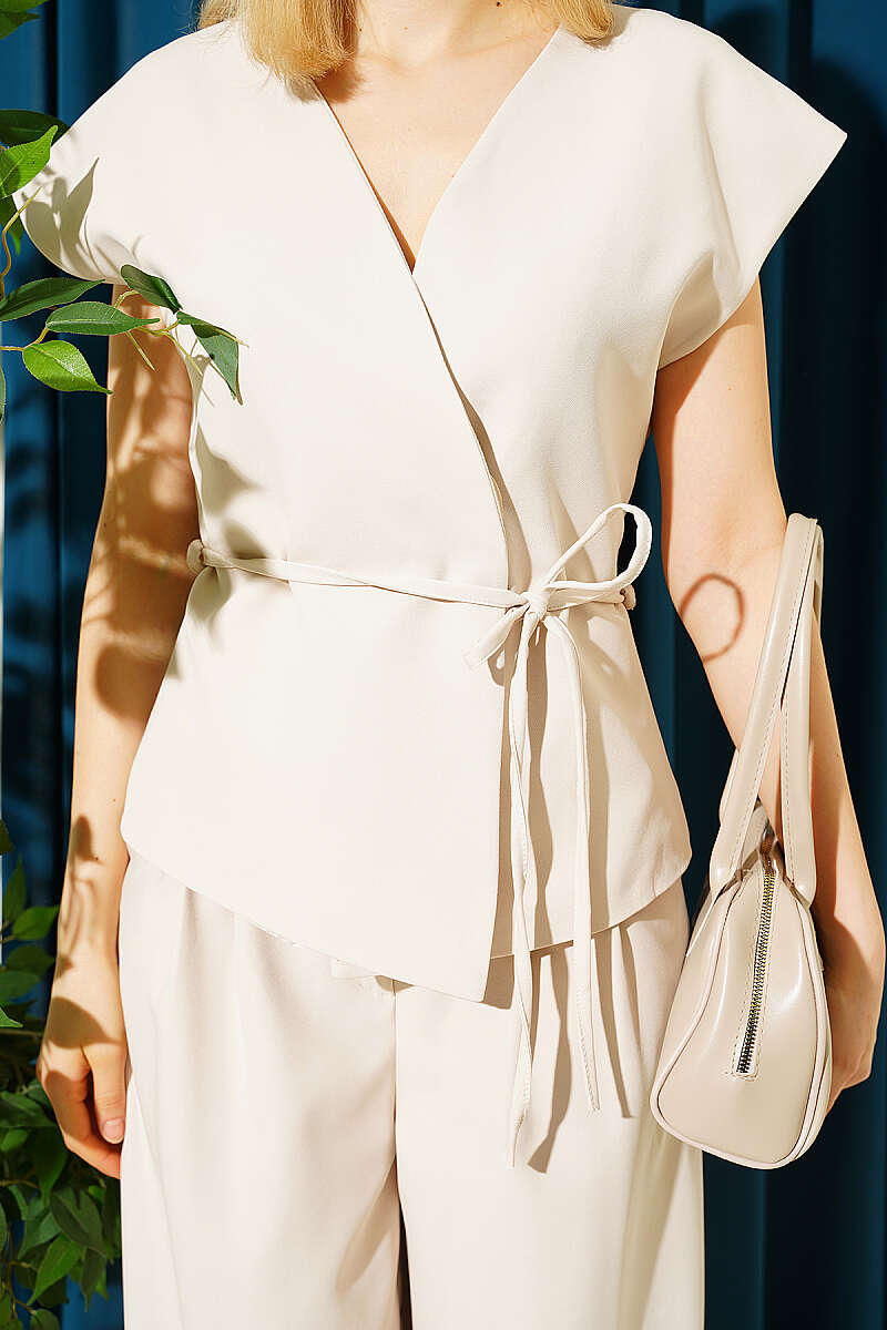 Vest Two-Piece Set with Tie Belt - Beige