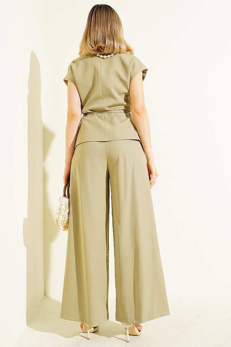 Vest Two-Piece Set with Tie Belt - Khaki