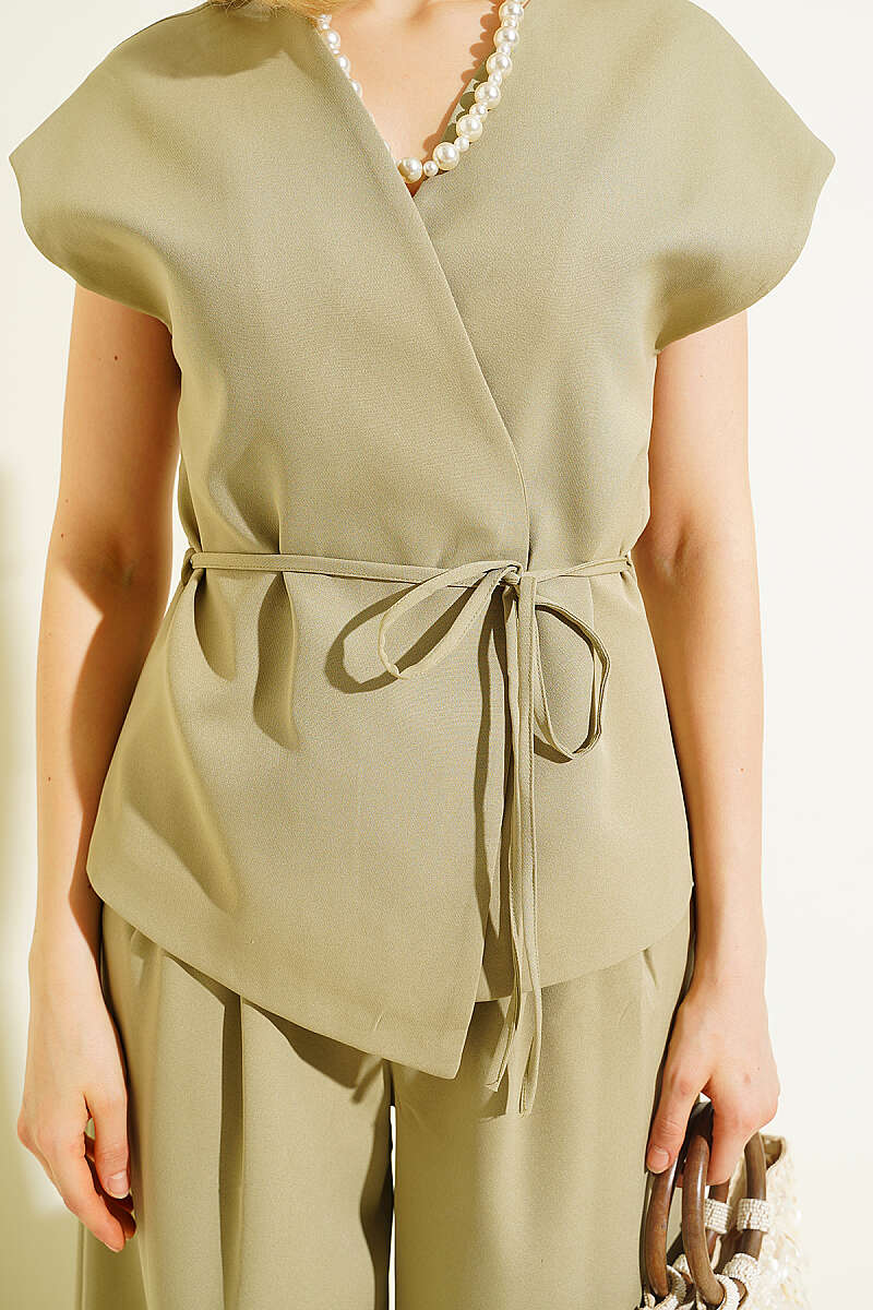Vest Two-Piece Set with Tie Belt - Khaki