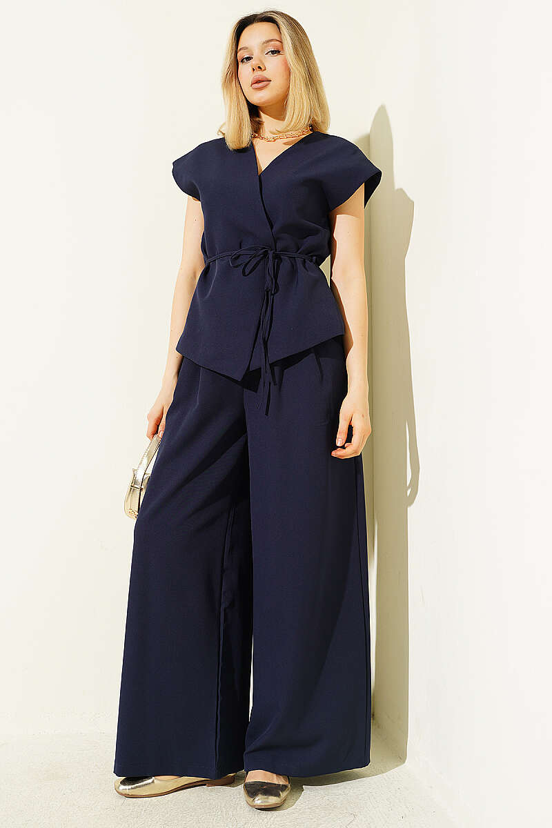 Vest Two-Piece Set with Tie Belt - Navy