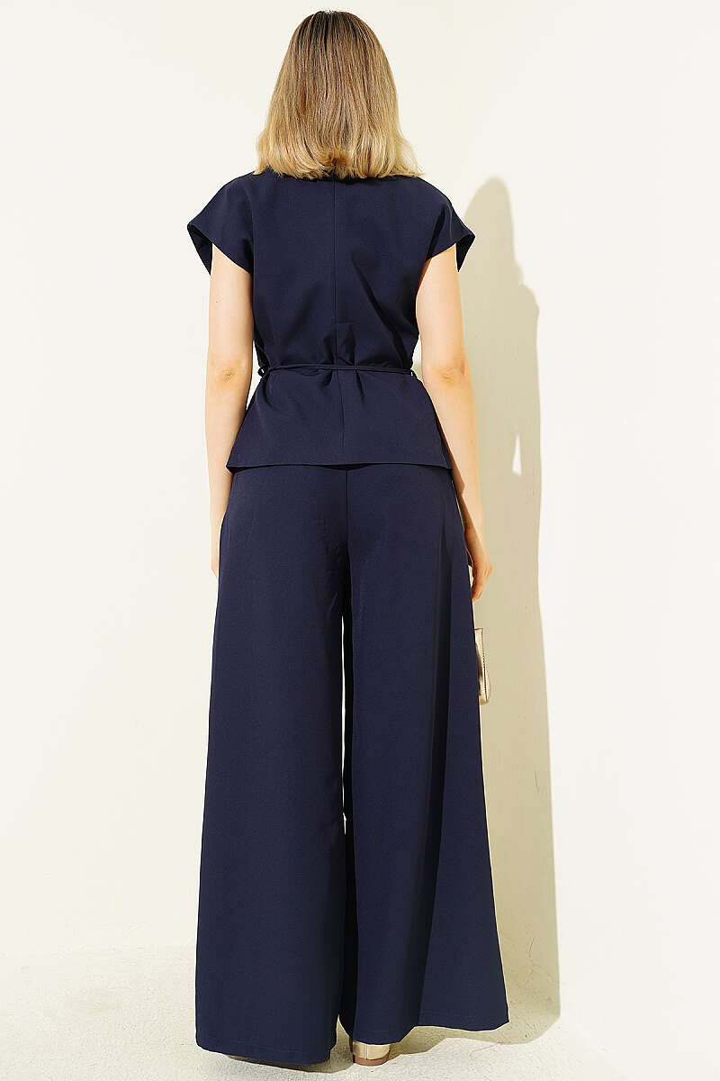 Vest Two-Piece Set with Tie Belt - Navy