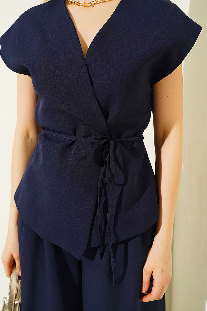 Vest Two-Piece Set with Tie Belt - Navy