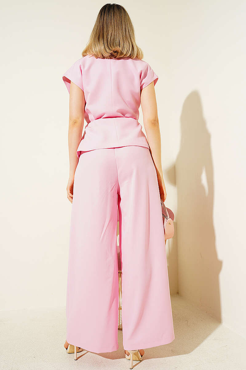 Vest Two-Piece Set with Tie Belt - Pink