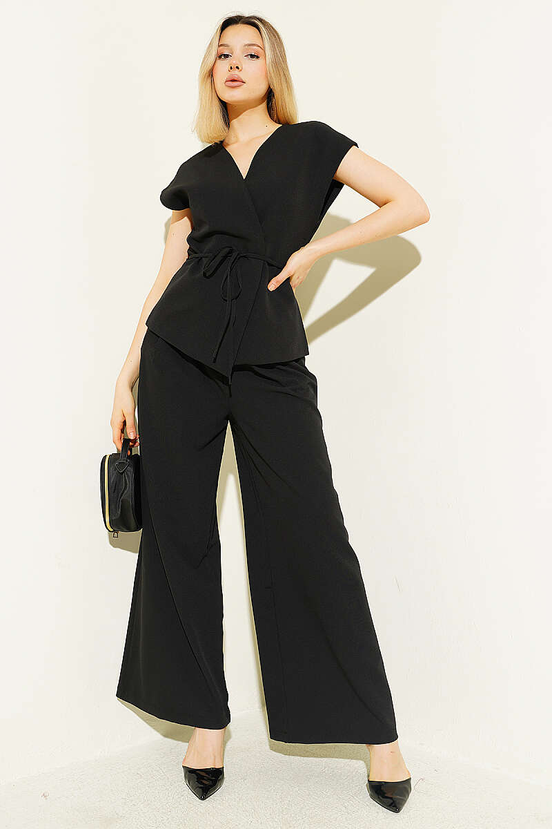 Vest Two-Piece Set with Tie Belt - Black