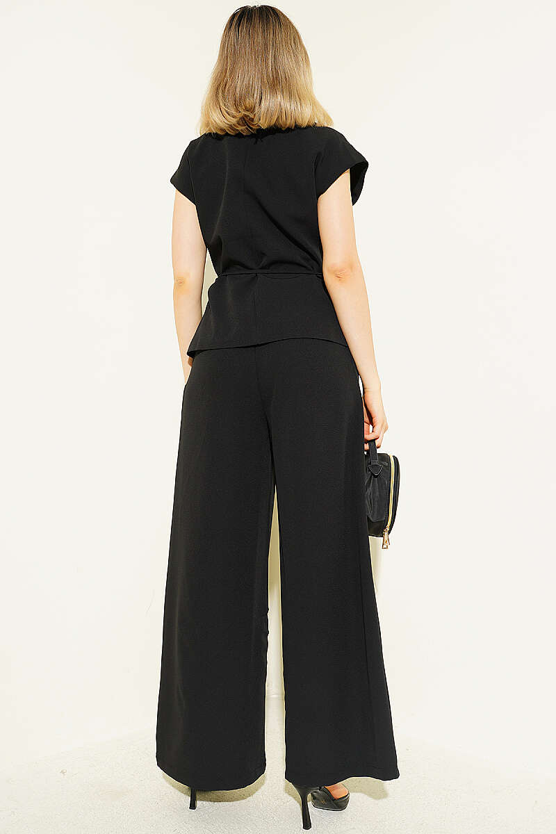 Vest Two-Piece Set with Tie Belt - Black